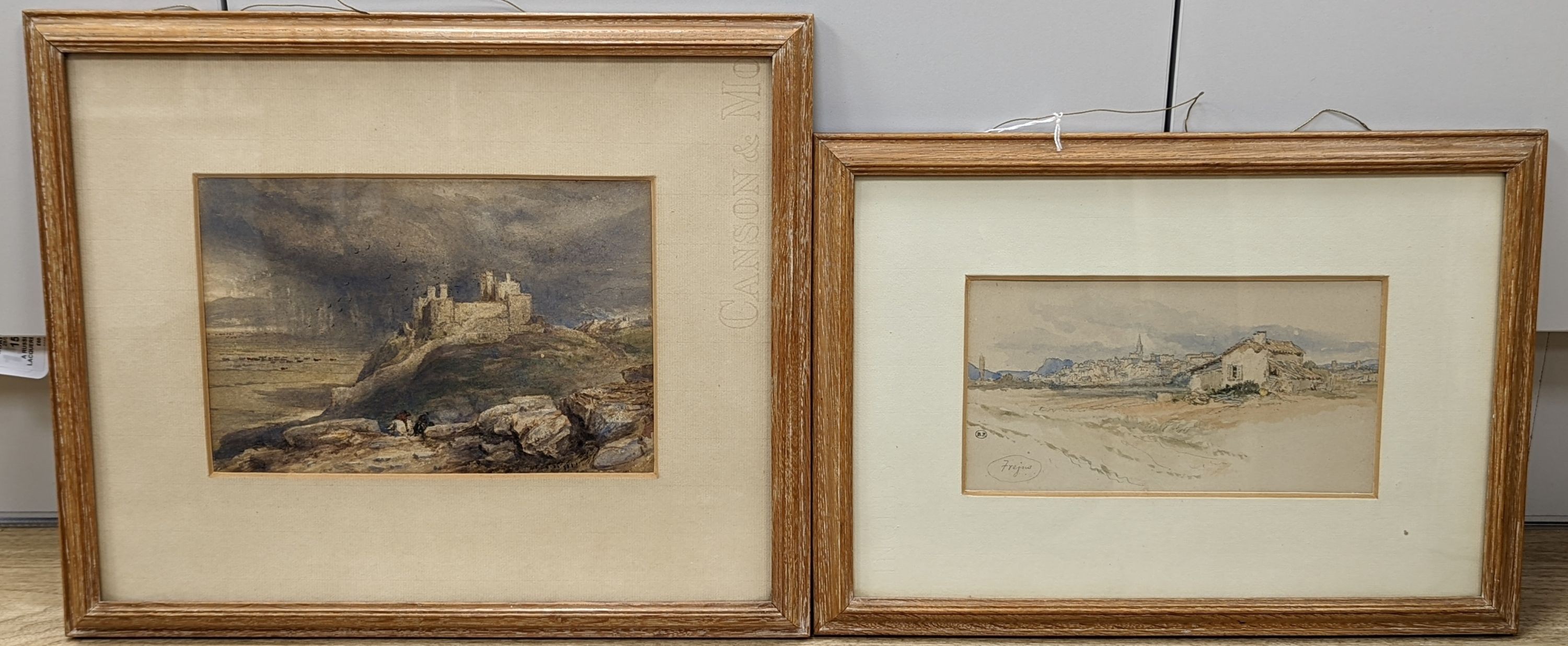 Birkett Foster (1825-1899), watercolour, 'Frejus', Studio stamp, 11 x 22cm and a watercolour of Harlech Castle, attributed to David Cox, 6 x 24cm